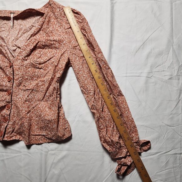 Free People Womens Medium Sienna Floral Blouse Tie Sleeves Orange Boho - Picture 11 of 12